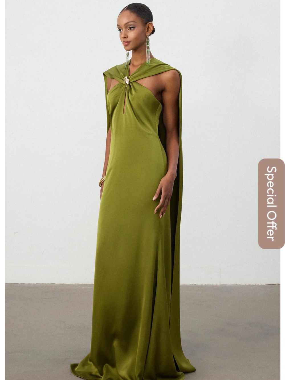 Olive Green Satin Evening Gown with Draped Cape Detail